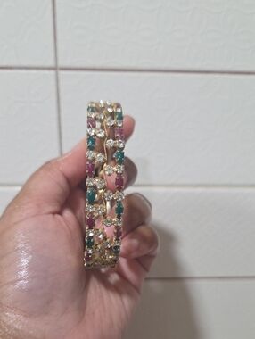Gold-Tone Multi-Stone Bangle Bracelet with Pink and Green Stones
